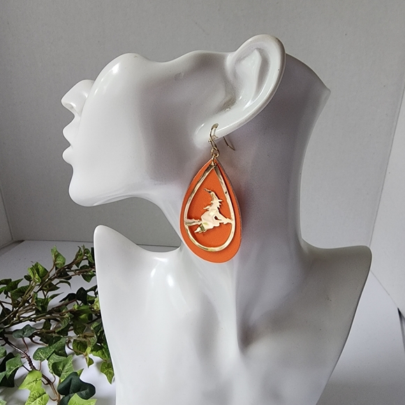 Orange Teardrop Earrings with Gold Witch on Broom Silhouette - Picture 3 of 5